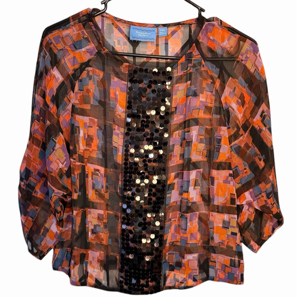 Simply Vera Wang Sequin Blouse Women's XS P Multicolor Sheer Geometric Boho NEW